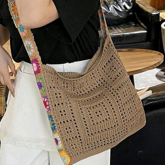 Vintage Boho Crochet Shoulder Bag - Brown with Multicolor Floral Accents - Picture 7 of 9